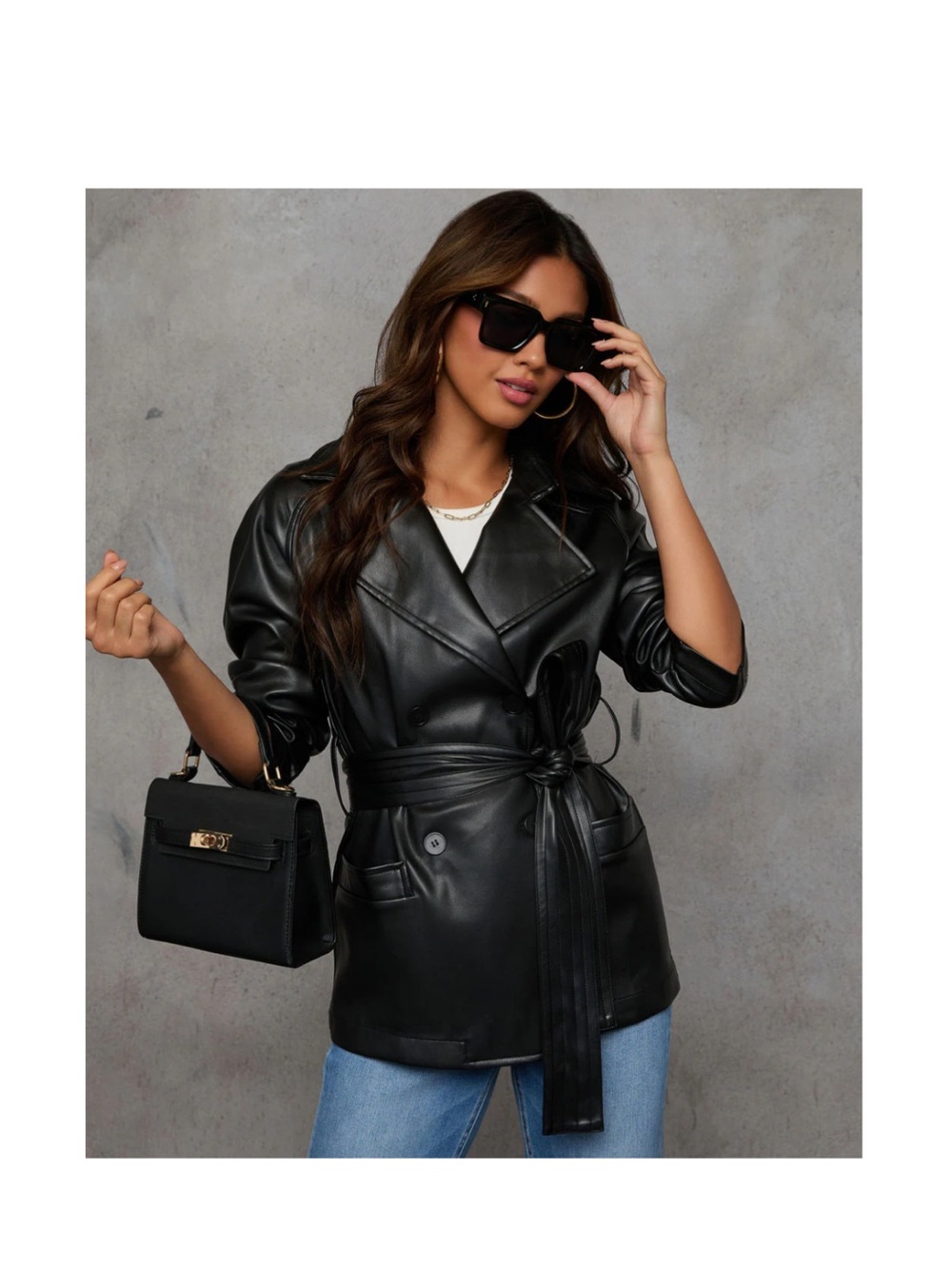 Vici Black Faux Leather Belted Blazer Jacket